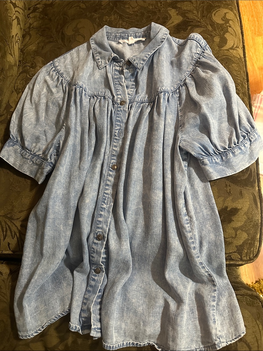 Jane and Delancey Light Blue Denim-Effect Button Front Peasant Blouse